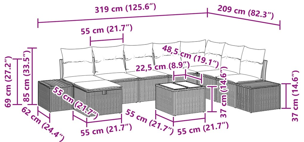 Conjunto de Sofá de Jardim de 9 Peças com Almofadas Bege de Rattan