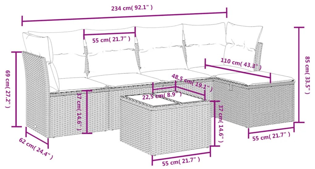 6 pcs conj. sofás jardim com almofadões vime PE cinzento-claro