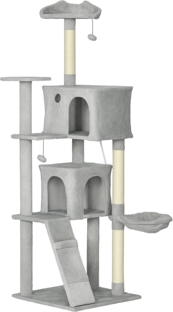 PawHut Arranhador para Gatos com Múltiplas Plataformas Cama 2 Cavernas Rede Escada Postes de Sisal 56x56x180 cm Cinza | Aosom Portugal