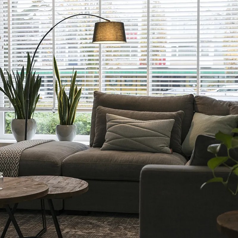 Candeeiro de Arco Moderno Preto com Abajur de Tecido Preto - Arc Basic