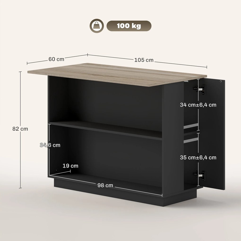 Mesa de apoio para ilha de cozinha com prateleira ajustável (BANCOS NÃO INCUIDOS), 2 compartimentos abertos, 2 armários e bancada com efeito de madeir