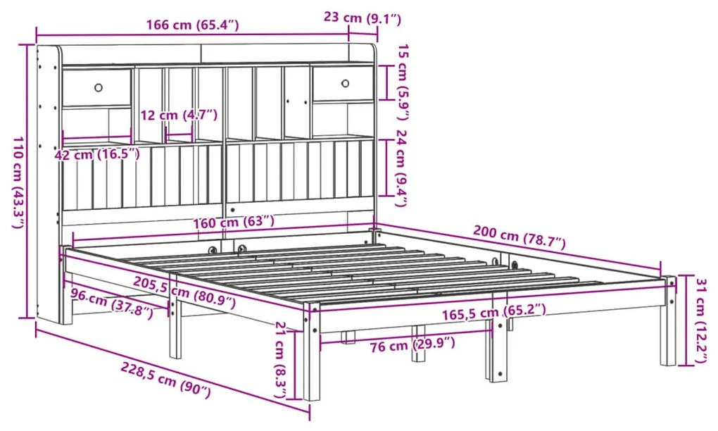 Cama com estante sem colchão 160x200 cm pinho maciço