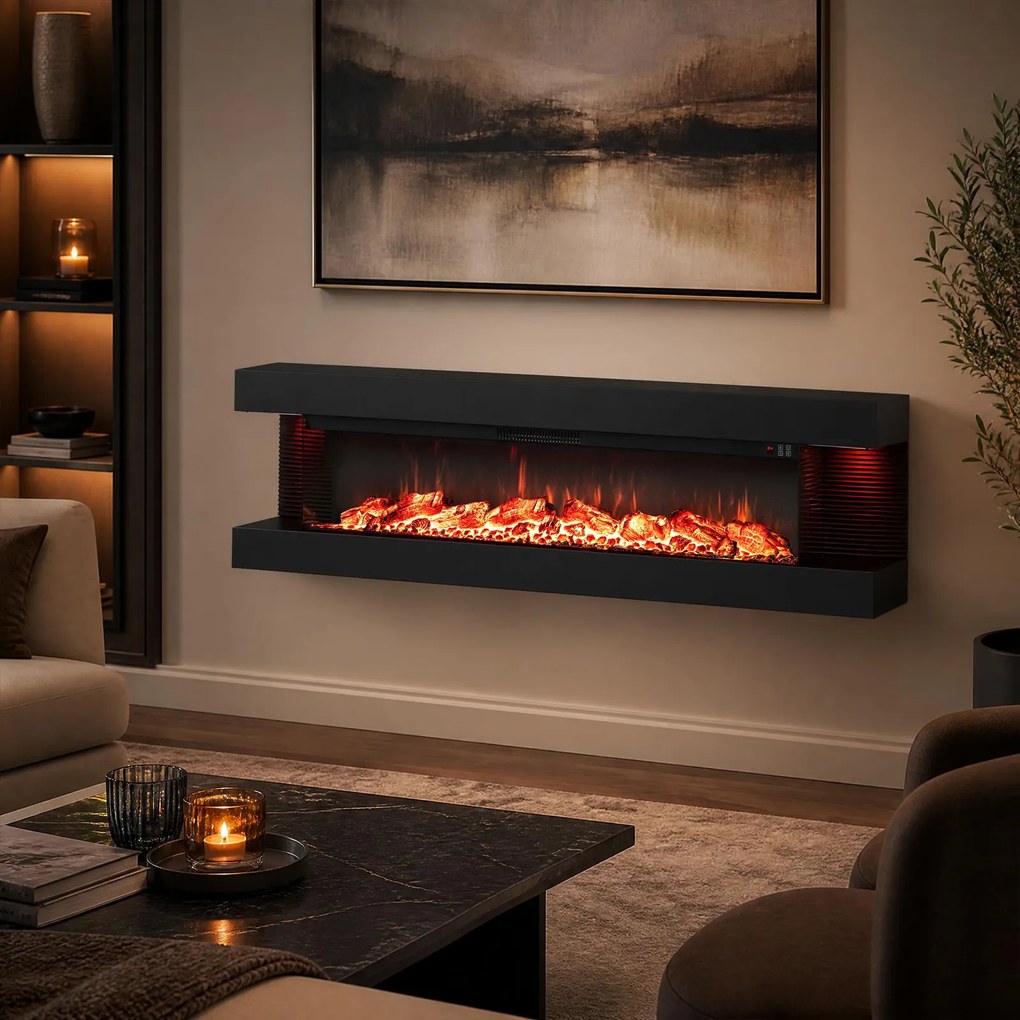 Lareira Elétrica de Parede com Vista de Três Lados, 152,4 x 20,6 x 41,8 cm, Controlo por Wi-Fi, Preto