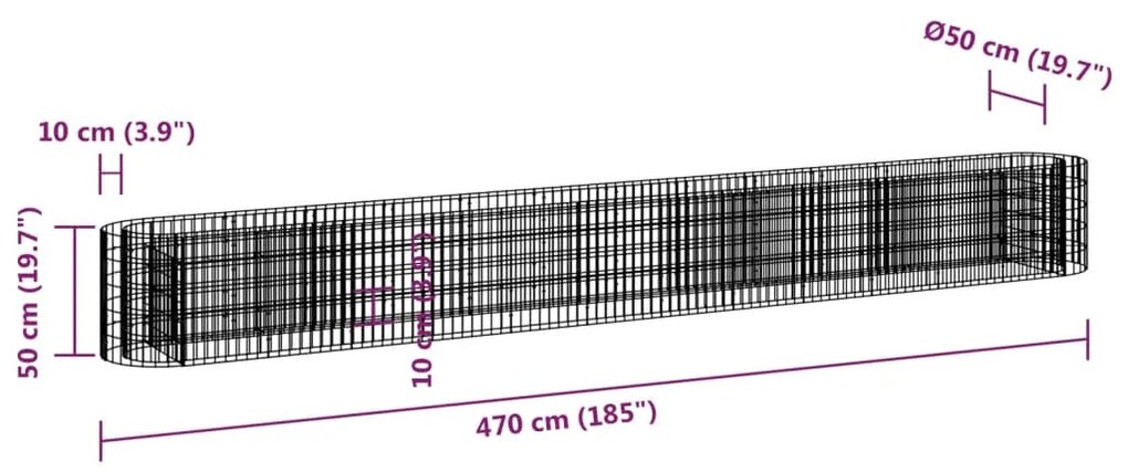 Canteiro elevado/cesto gabião 470x50x50 cm ferro galvanizado