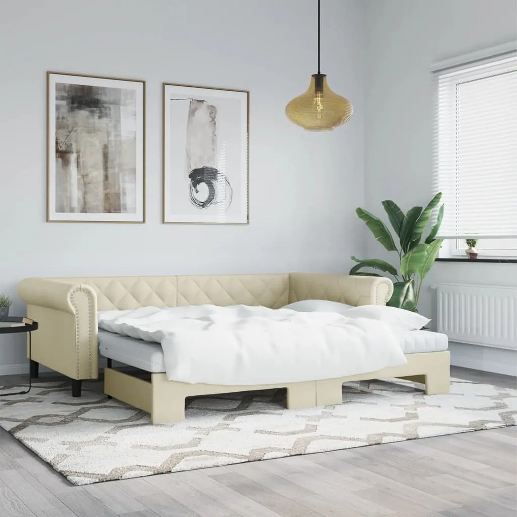 vidaXL Sofá-cama com gavetão e colchões 90x200 cm artificial creme