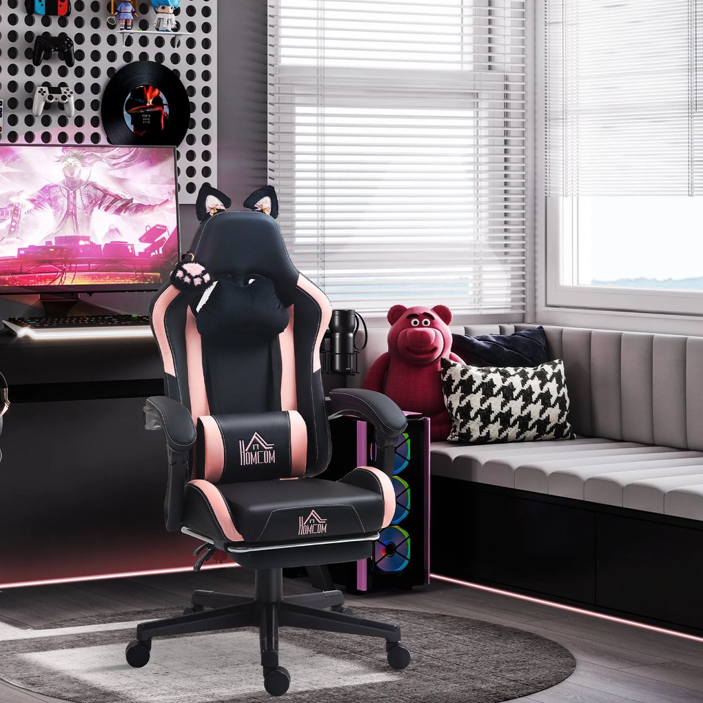 Cadeira Gaming com Orelhas Cadeira Gamer Reclinável com Altura Ajustável e Suporte Lombar 65x62x116-124 cm Preto e Rosa