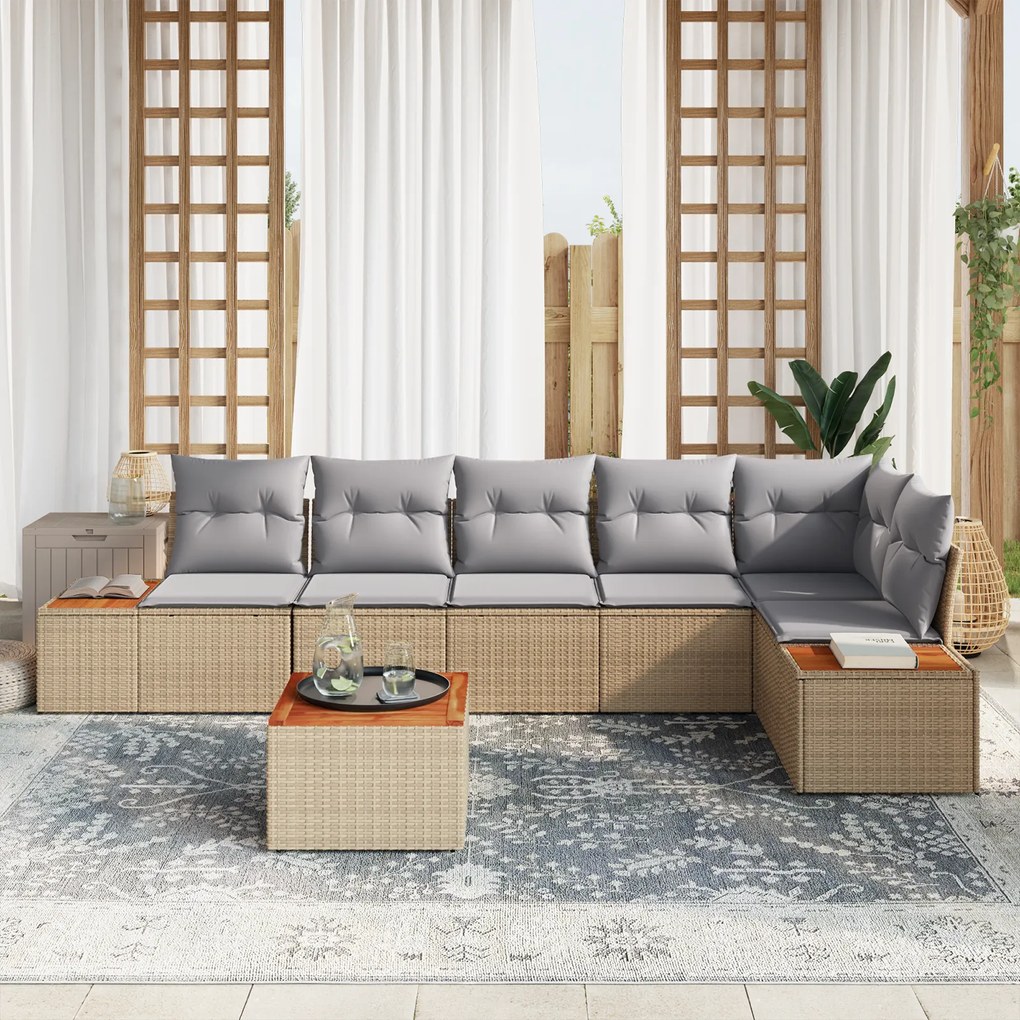 Conjunto de Sofá de Jardim 7 Peças com Almofadas Bege Vime Polipropile