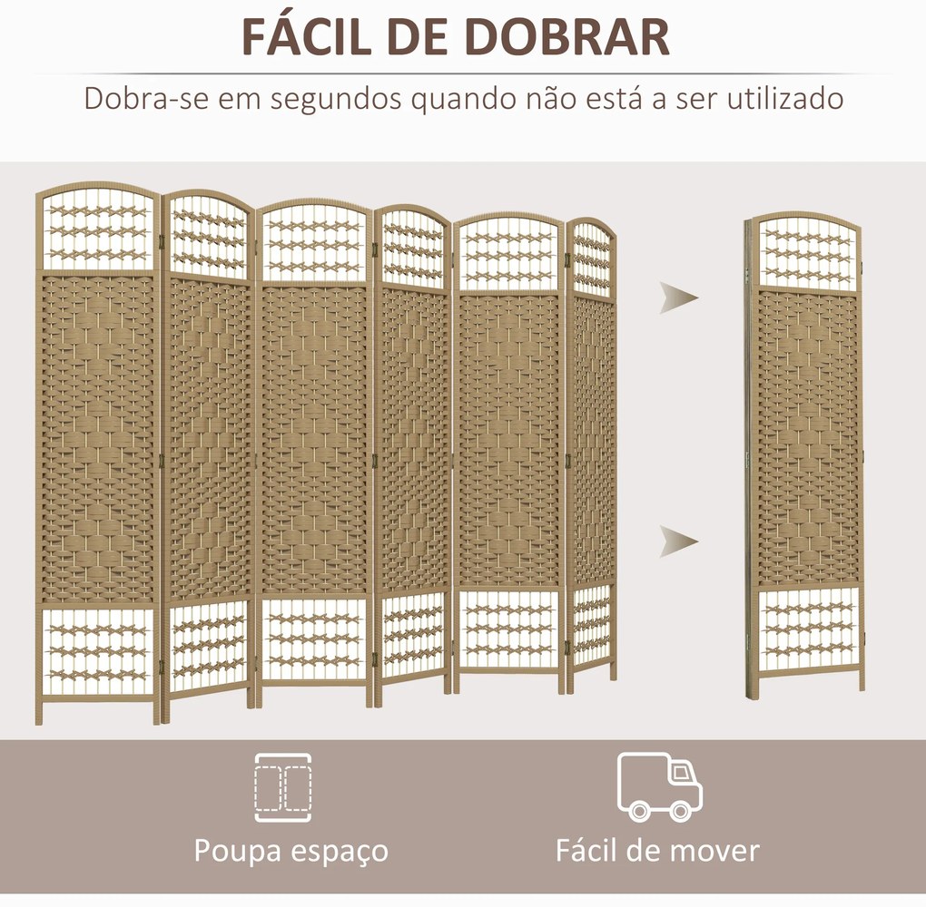 Biombo de 6 Painéis Separador de Ambientes 240x170 cm Divisor de Habitação Dobrável de Corda de Papel Madeira