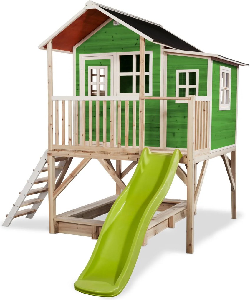 Casa de brincar infantil exterior para crianças Loft 550 em madeira com escorrega e caixa areia - Verde