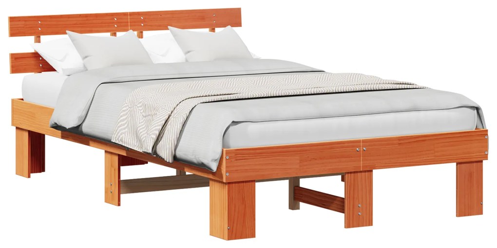 Estrado de Cama com Cabeceira Castanho Encerado 140x190 cm de Madeira