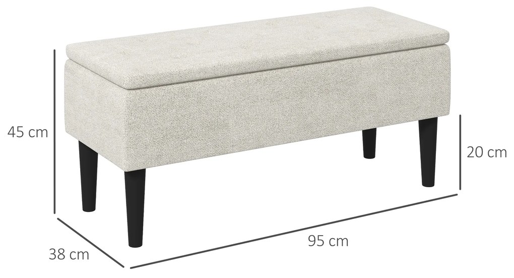 Banco de Armazenamento Quarto Capacidade 47L Tampa Abatível e Pés de Madeira de Borracha Carga 120 kg 95x38x45 cm Bege