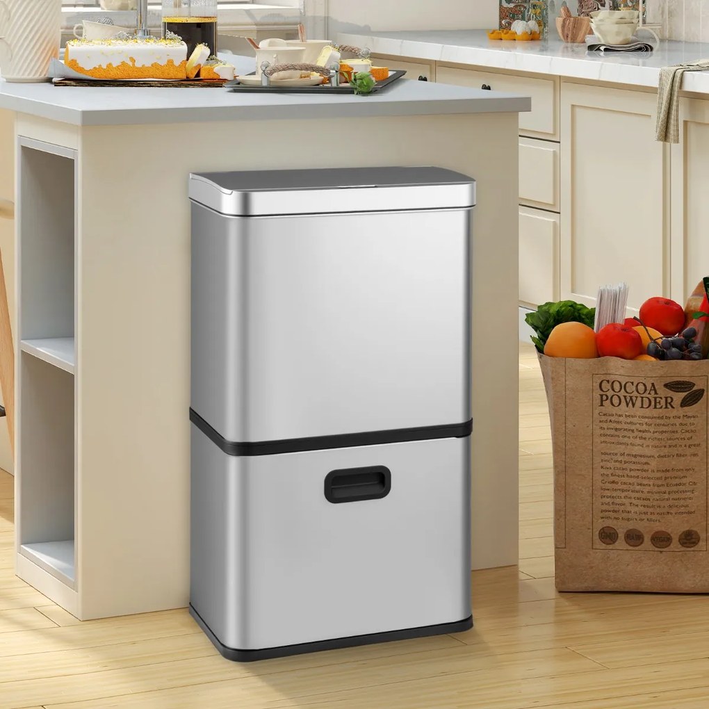 Caixote do lixo em aço inoxidável de 56 litros com sensor de movimento e 2 caixotes do lixo removíveis prateado