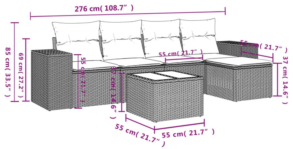 6 pcs conjunto de sofás p/ jardim com almofadões vime PE bege