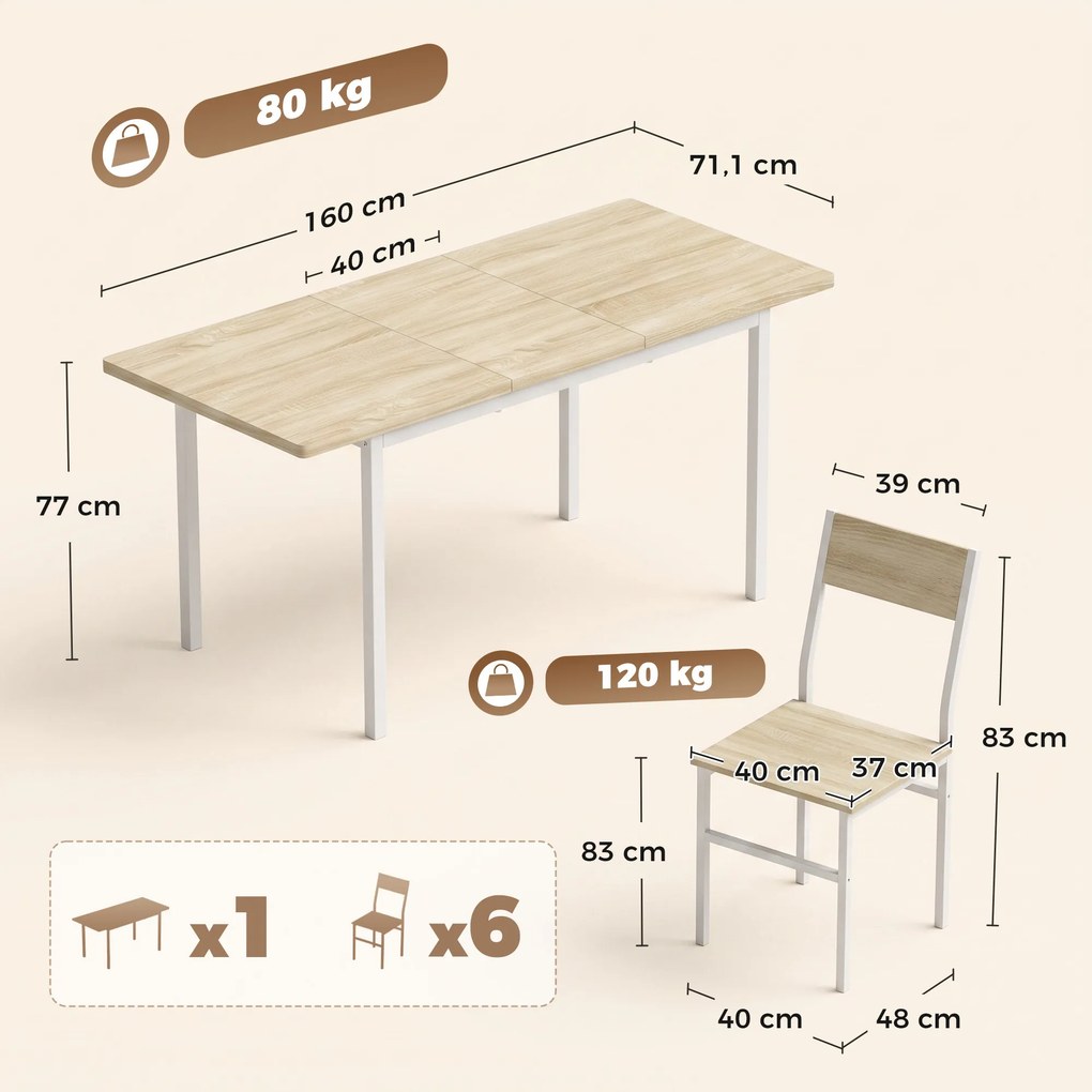 Conjunto de Mesa de Jantar Extensível 120-160 cm e 6 Cadeiras Empilháveis para 4-6 Pessoas Efeito Carvalho