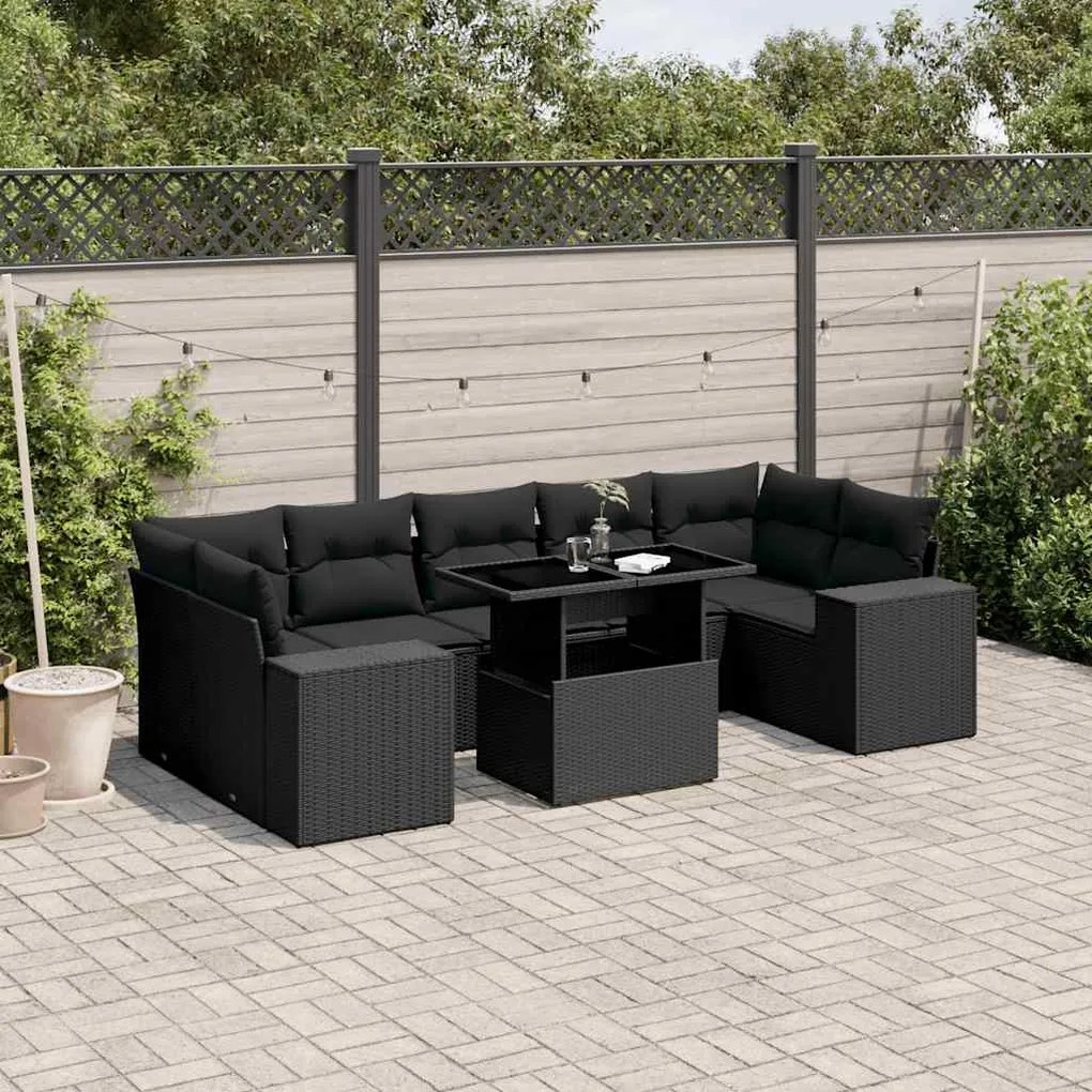 8 pcs conjunto sofás de jardim com almofadões vime PE preto