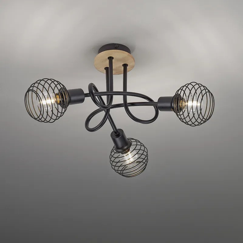 Foco de teto industrial preto com madeira 3 luzes - Winsten Industrial