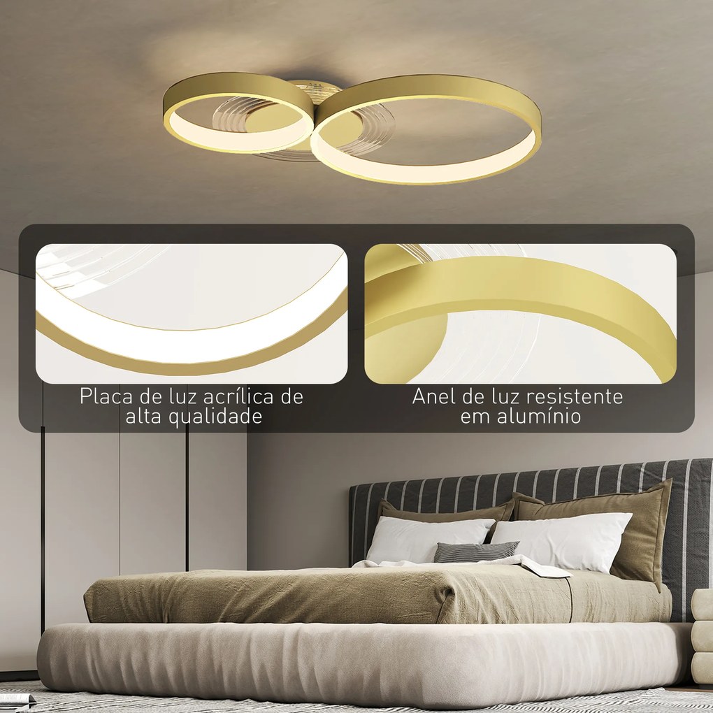 Candeeiro de Teto LED 40W Candeeiro Moderno com Iluminação LED 3000K/4000K/6500K 59x38x7,4 cm Dourado