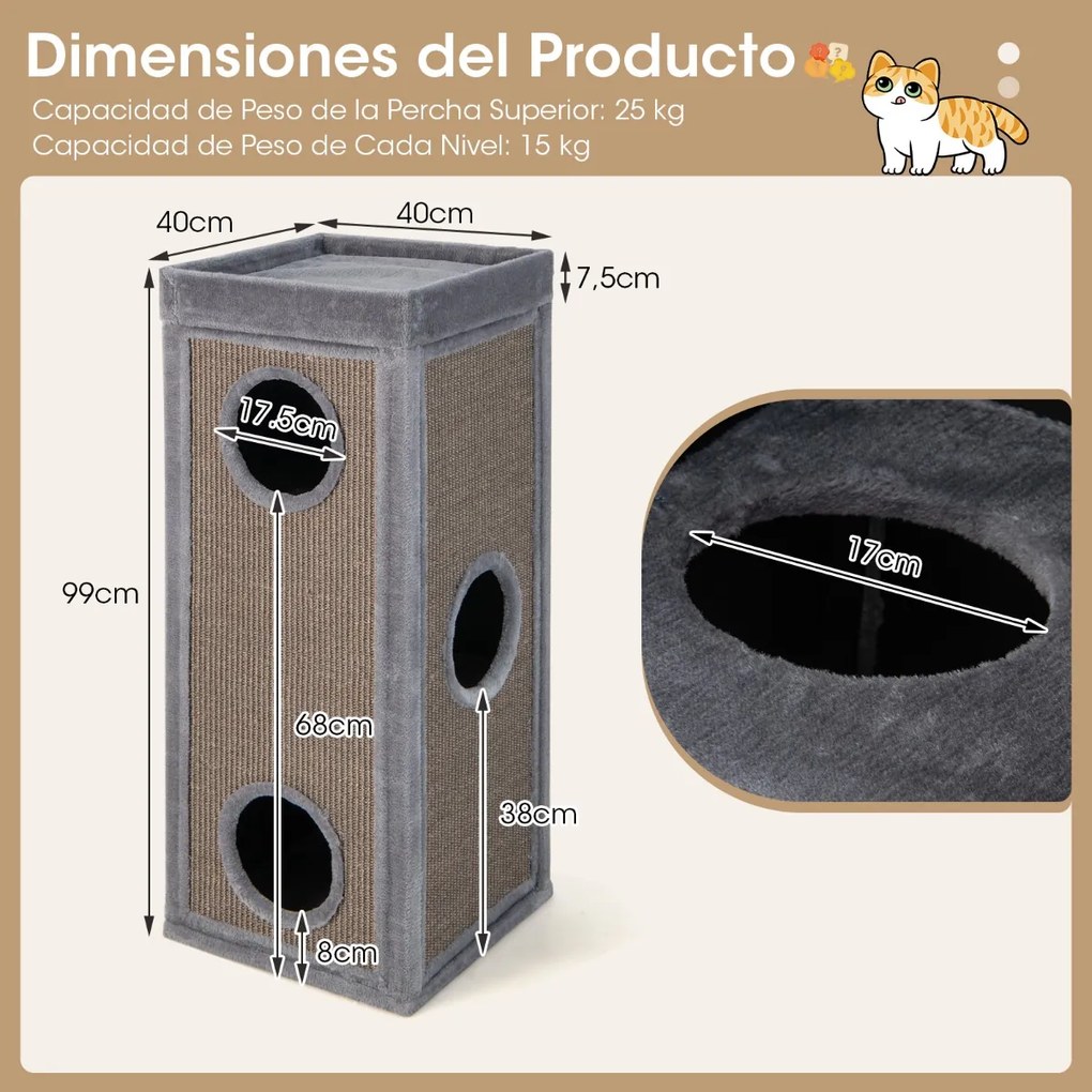 Casa para gatos com 3 cavernas com 3 esconderijos e painéis de sisal para arranhar, cama superior com almofada removível cinza