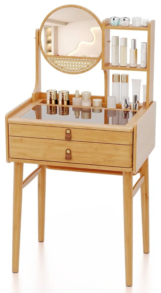 Toucador pequeno com espelho para maquilhagem 60 cm x 46,5 cm x 122 cm com 2 gavetas e prateleiras abertas Natural