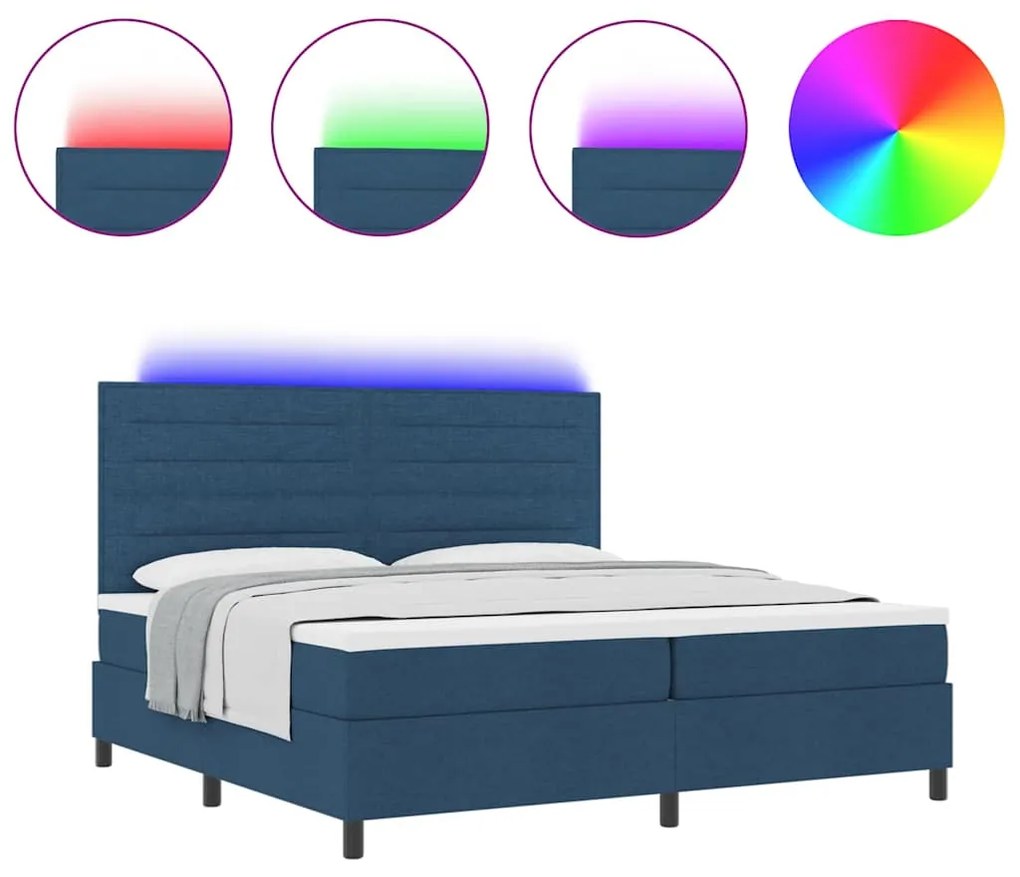 Cama com Estrado e Colchão e LED Azul, 200 x 200 cm, Tecido