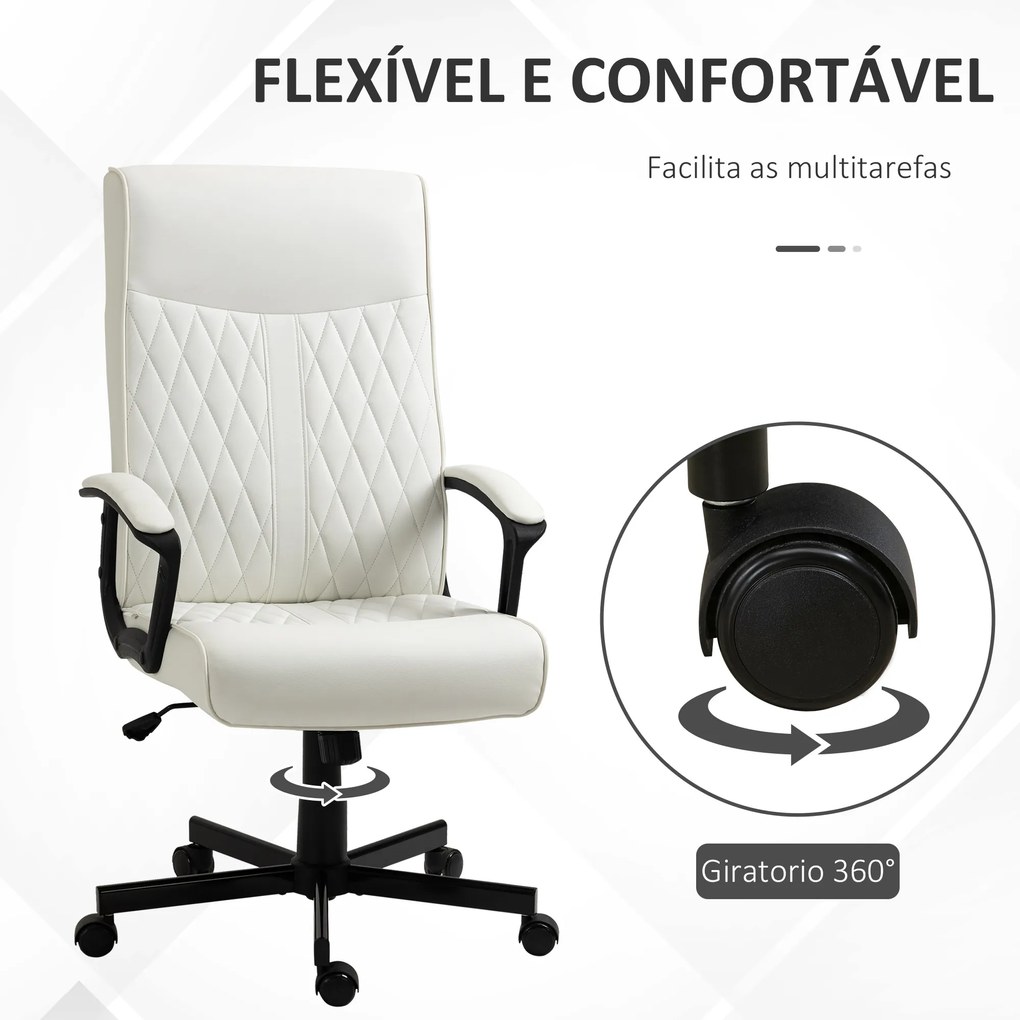 Cadeira de Escritório Giratória 360° com Encosto Alto Altura Ajustável e Função de Inclinação 65x65x102-112,5cm Creme