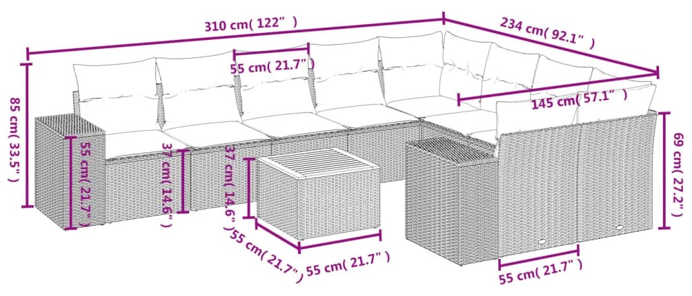 10 pcs conjunto de sofás p/ jardim com almofadões vime PE bege