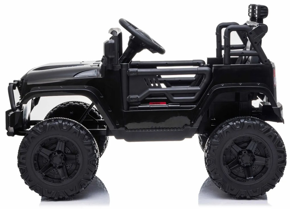 Jipe elétrico Crianças OFFROAD com tração traseira, preto, bateria 12V, chassi alto, assento largo, eixos suspensos, controle remoto 2,4 GHz, MP3 play