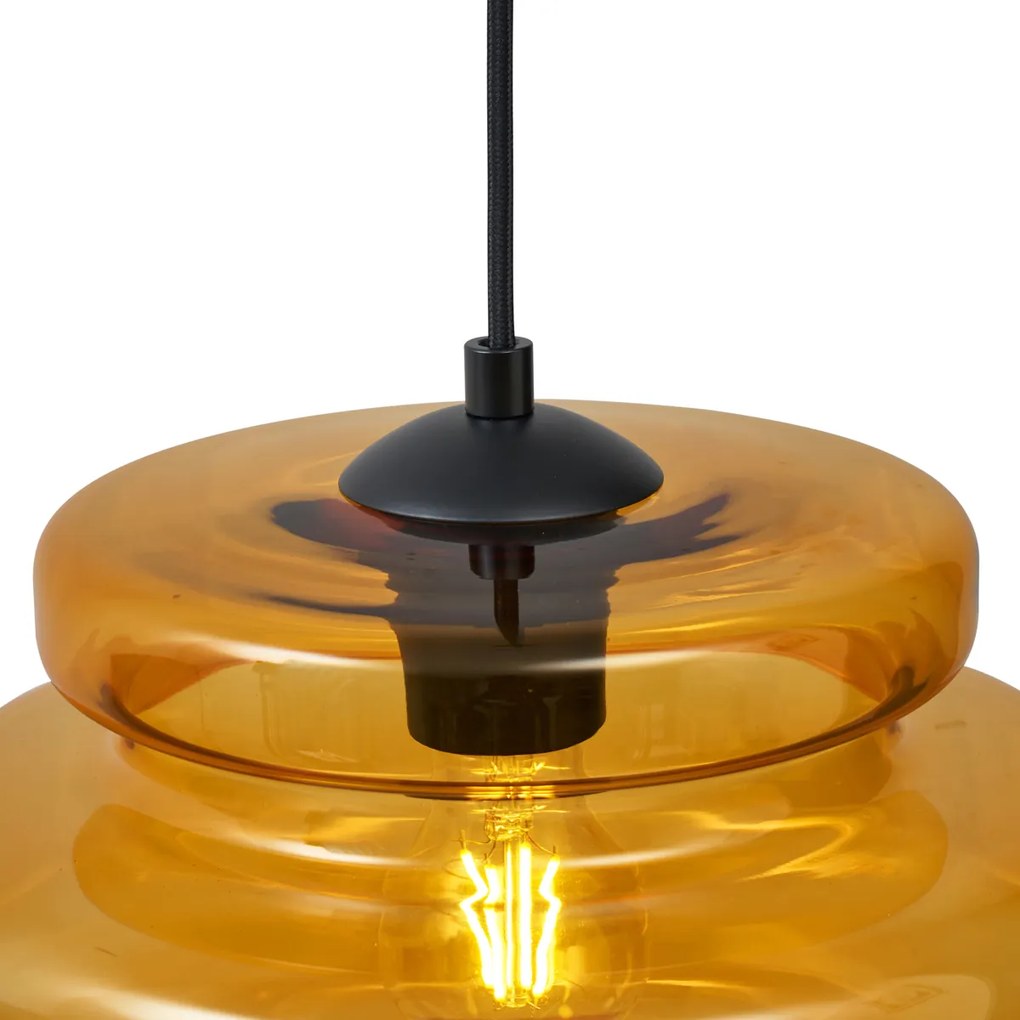 Candeeiro suspenso retro preto com vidro laranja 3 luzes - Denise