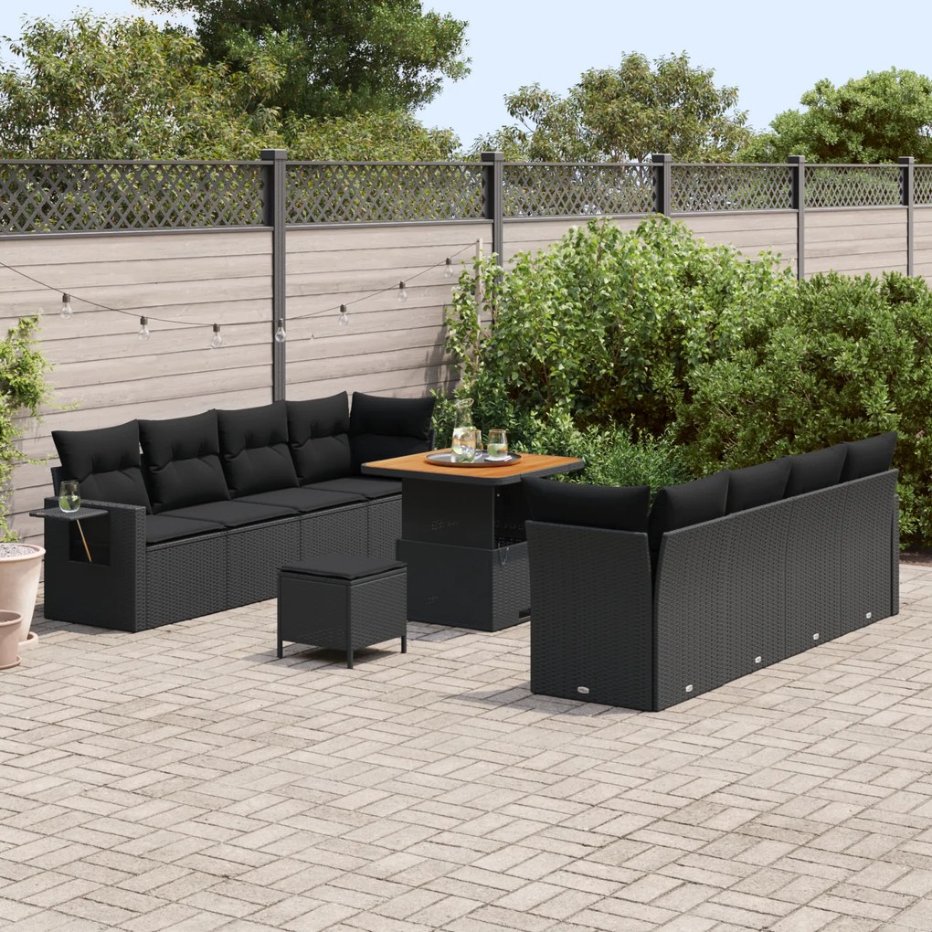 Conjunto de Sofá de Jardim vidaXL 11 Peças com Almofadas Preto Rattan