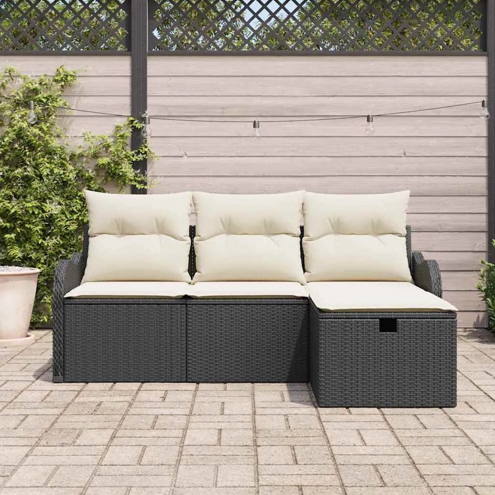 Conjunto de Sofá de Jardim em 4 Peças com Almofadas Rattan Preto