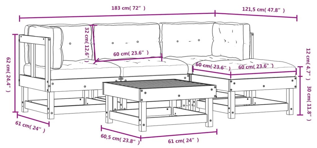 5pcs conjunto lounge jardim com almofadões madeira maciça cinza