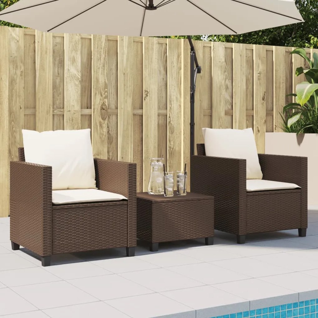 3 pcs conjunto bistrô com almofadões vime PE castanho