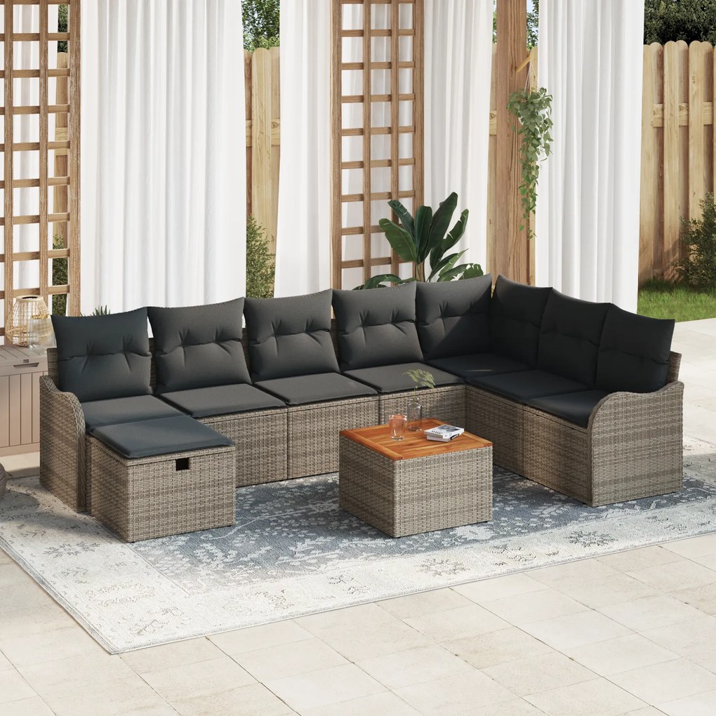 Conjunto de Sofá de Jardim com Almofadas Cinza Rattan de Polietileno