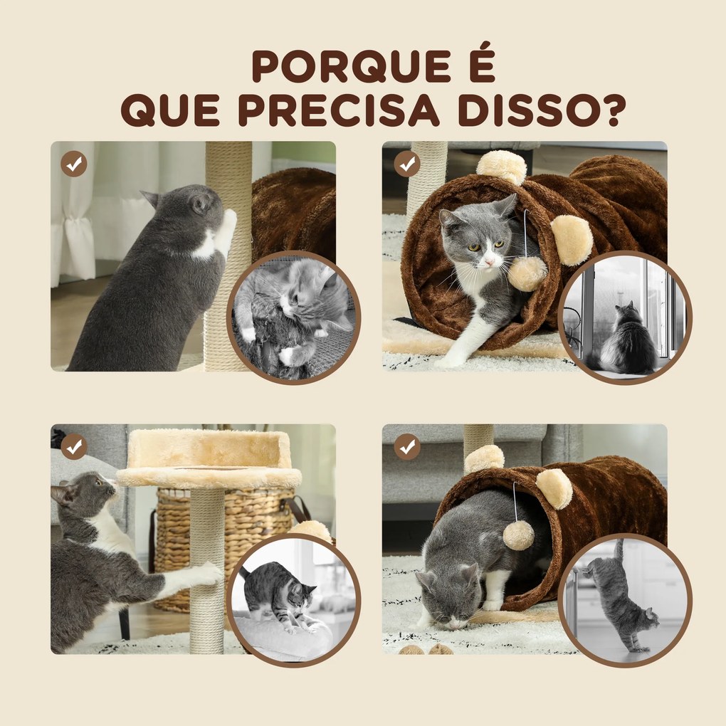 Arranhador para Gatos com Túnel Cama Plataforma Bola Suspensa e Poste de Juta 45x40x47 cm Castanho escuro