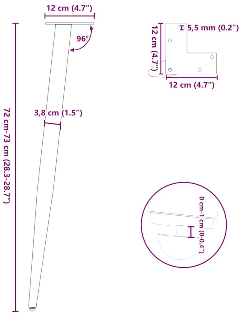 Pés de mesa de console cônicos, 4 peças, preto, 72-73 cm, aço