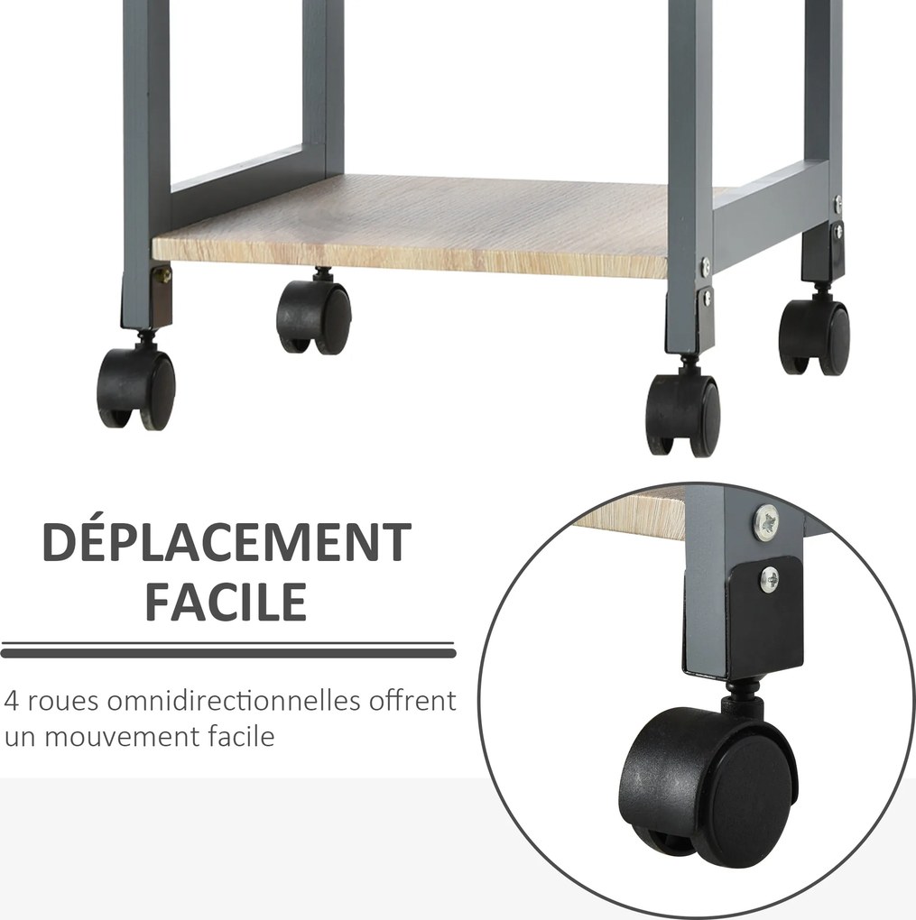 Carrinho de serviço de cozinha com rodas, 2 prateleiras + tabuleiro amovível + gaveta em madeira de pinho MDF cinzento carvalho claro