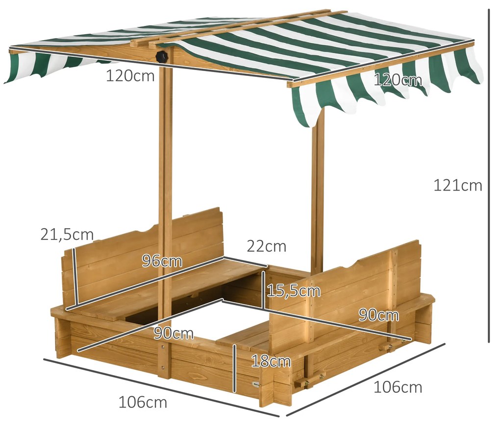 Caixa de Areia para Crianças de Madeira com Toldo Ajustável em Altura 2 Bancos e Encostos para Jardim 106x106x121 cm Natural