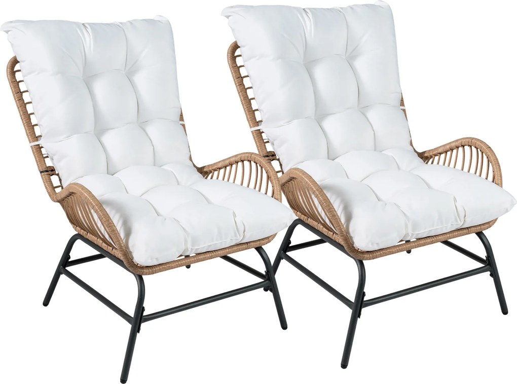 Conjunto de 2 cadeiras jardim de rattan para exterior com almofada grossa removível, encosto alto e braços de metal para terraço, com capacidade de 17