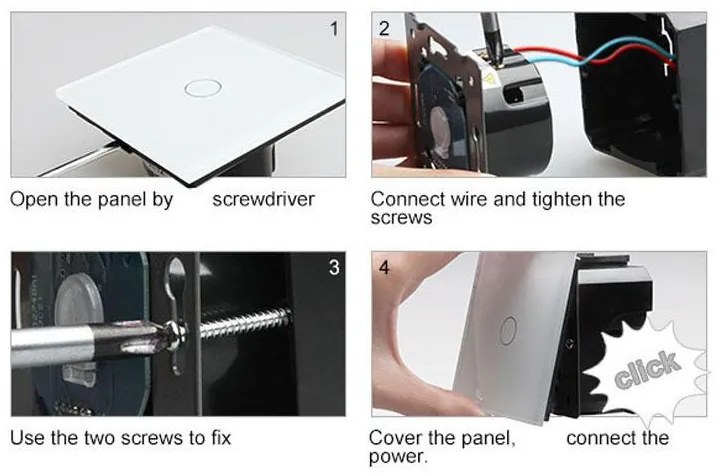 Frente interruptor tátil 2 módulos + 4 botões, Painel preto vidro temperado