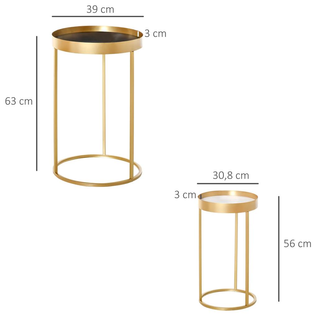 Conjunto de 2 mesas de centro modernas empilháveis ​​Estrutura metálica dourada Ø39x63 cm e Ø30.8x56 cm Parte superior preta e branca
