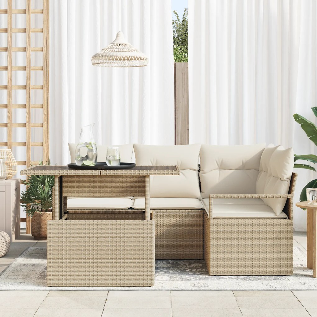 Conjunto de Sofá de Jardim de 5 Peças com Almofadas Bege Poly Rattan