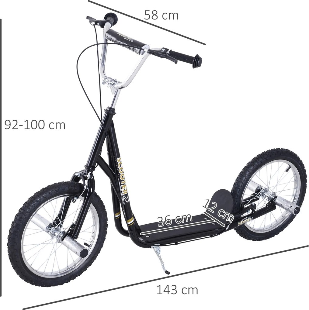 Trotinete para Crianças acima de 5 anos Scooter de 2 Rodas Grandes Insufláveis de 16 Polegadas com Freios e Guidão Ajustável em Altura 143x58x92-100cm