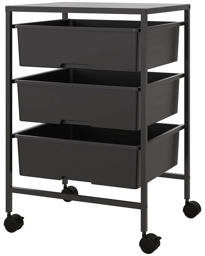 HOMCOM Carrinho Auxiliar com Rodas Carrinho de Cozinha de 3 Níveis com 3 Cestos e Estrutura de Aço 40,8x33,5x60,5 cm Preto | Aosom Portugal