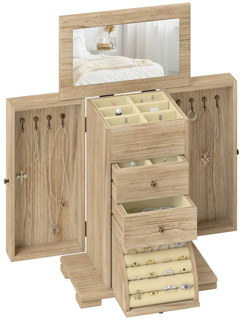 HOMCOM Caixa Joias de Madeira de 4 Níveis Organizador de Joias Grande com 2 Gavetas Espelho para Brincos Anéis Colares 26,5x16x33,5 cm Madeira