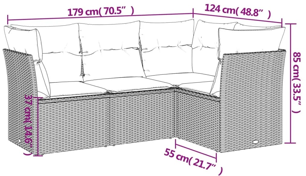 4 pcs conj. sofás jardim c/ almofadões vime PE cinzento-claro