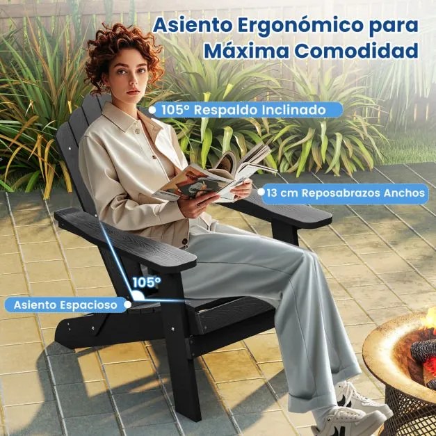 Cadeira Adirondack Jardim HIPS com braços largos e encosto inclinado para relvados exteriores jardim Preta