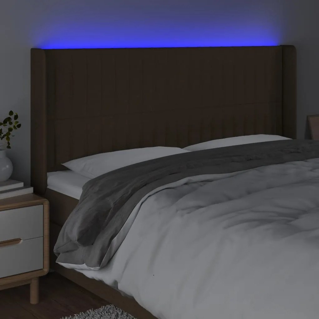 Cabeceira de cama c/ luzes LED tecido 203x16x118/128cm castanho