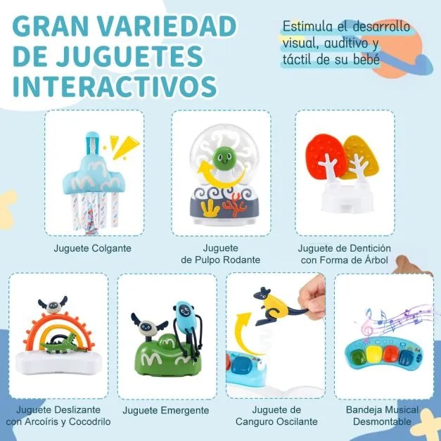 Centro de atividades para bebés com saltador, 6 brinquedos, luzes, música, 3 alturas ajustáveis, mesa giratória 360° para 6+ meses, Azul