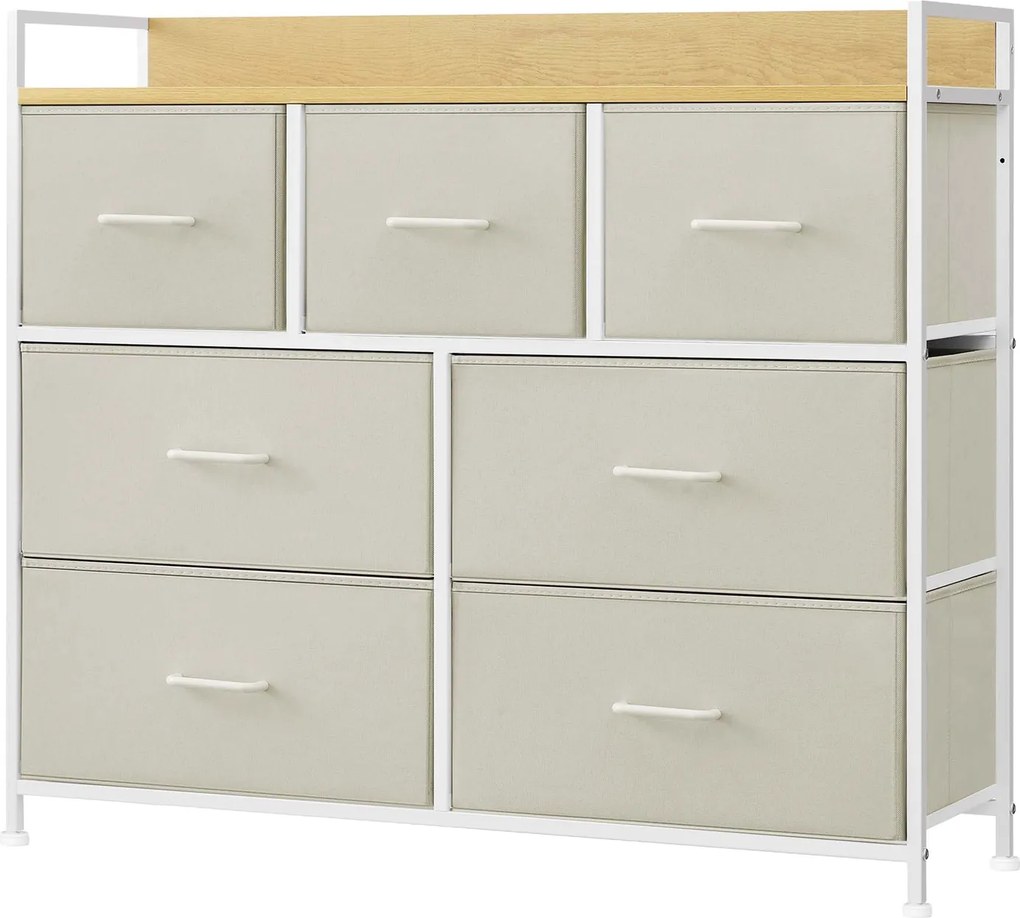 Cómoda de 7 gavetas 28,6 x 98,1 x 85,1 cm, frentes das gavetas em tecido com puxadores  creme-bege