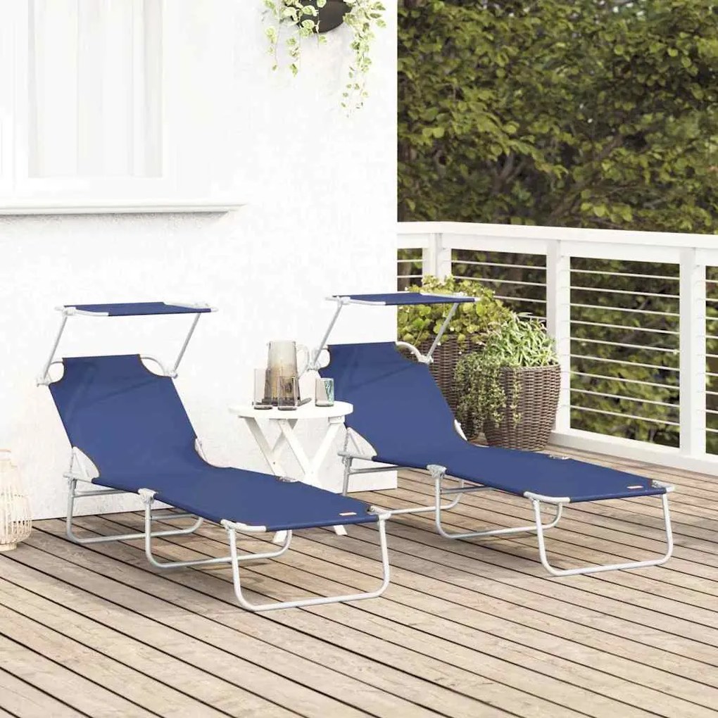 Espreguiçadeiras Dobráveis 2 pcs com Toldo Azul Tecido Oxford 600D